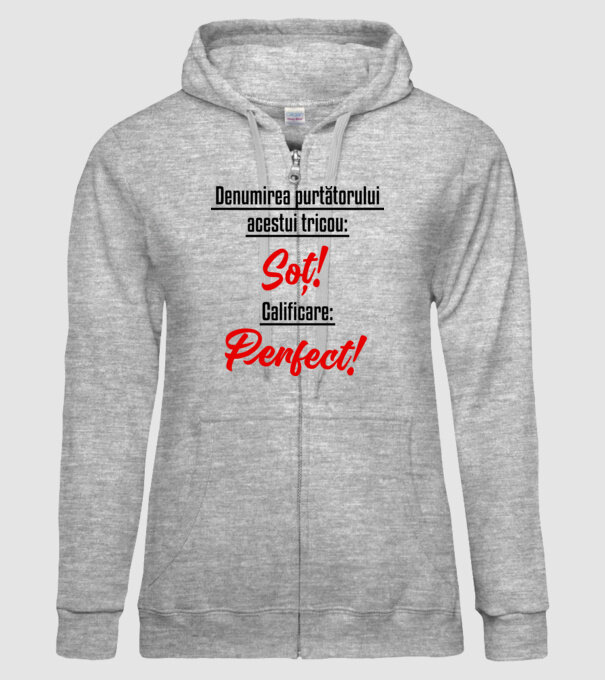 Denumirea purtătorului acestui tricou: Soț! Calificare: Perfect! model gri pe tricou