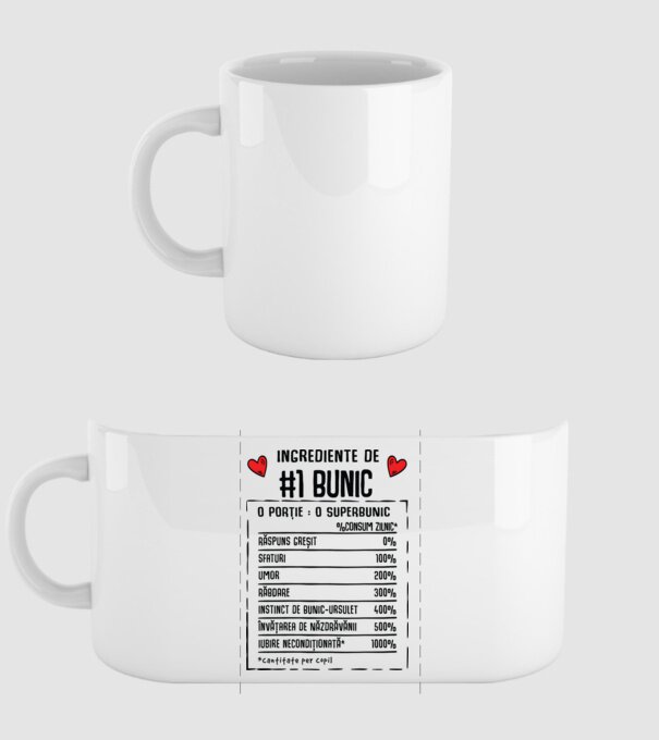 Ingrediente Bunic - o porție : un superbunic - %consum zilnic* răspuns greșit, sfaturi, umor, răbdare, instinct de bunic-ursuleț model alb pe tricou