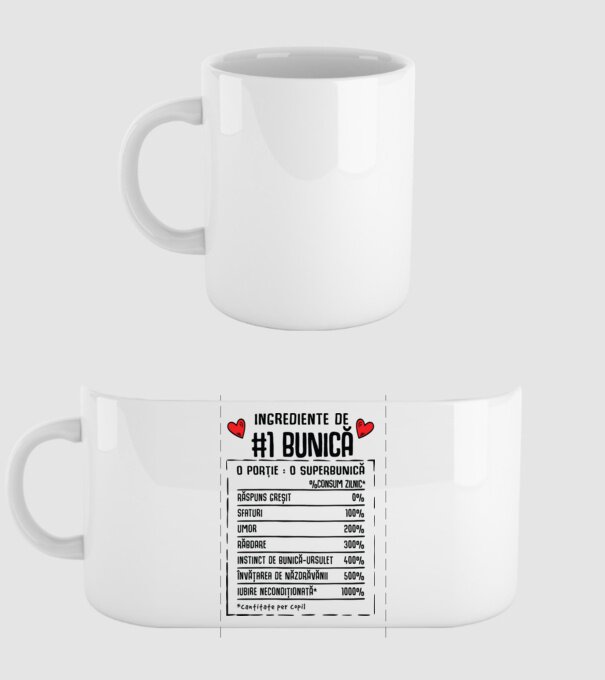 Ingrediente Bunică - o porție : o superbunică - %consum zilnic* răspuns greșit, sfaturi, umor, răbdare, instinct de bunică-ursul model alb pe tricou
