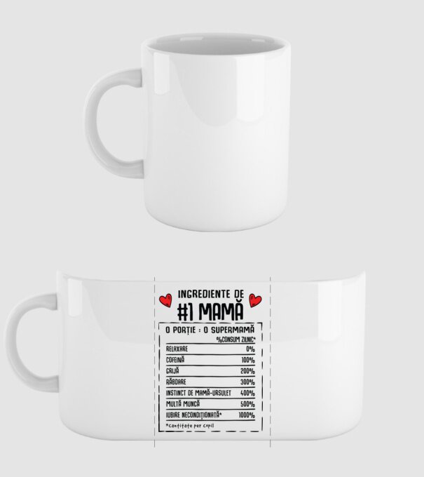 Ingrediente de Mamă - o porție : o supermamă - %consum zilnic* relaxare, cofeină, grijă, răbdare, instinct de mamă-ursuleț, mult model alb pe tricou