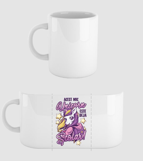 Acest mic unicorn este deja școlar model alb pe tricou
