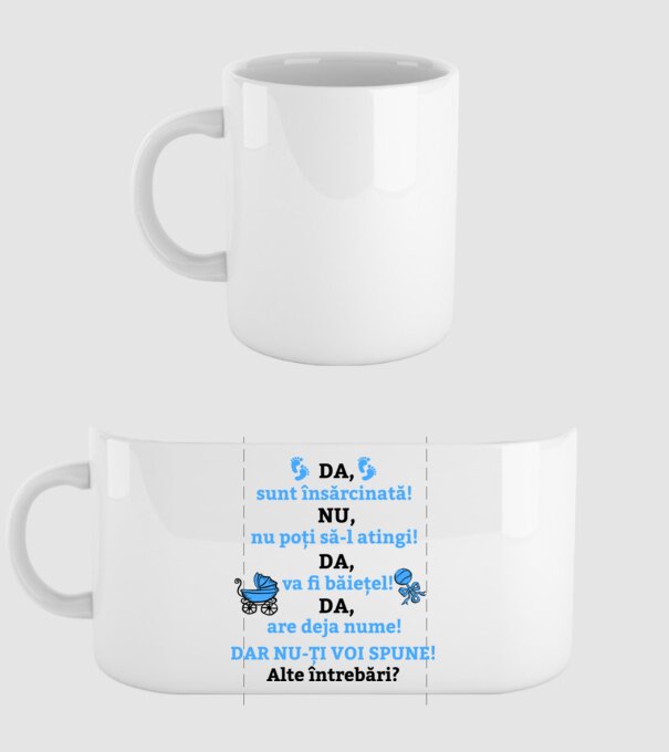 Da, sunt însărcinată! Nu, nu poți să-l atingi! Da, va fi băiețel! Da, are deja nume! Dar nu-ți voi spune! Alte întrebări? model alb pe tricou