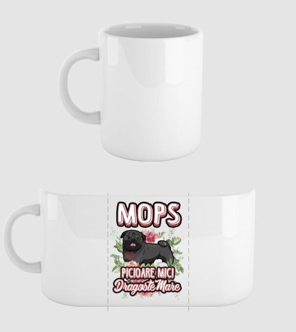 Mops negru picioare mici dragoste mare model alb pe tricou