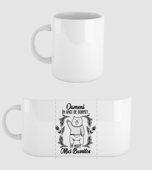 oameni în saci de dormit... ca niște mici burritos model alb pe tricou