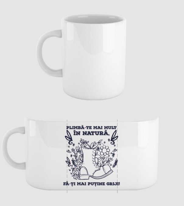 Plimbă-te mai mult în natură, fă-ți mai puține griji! model alb pe tricou