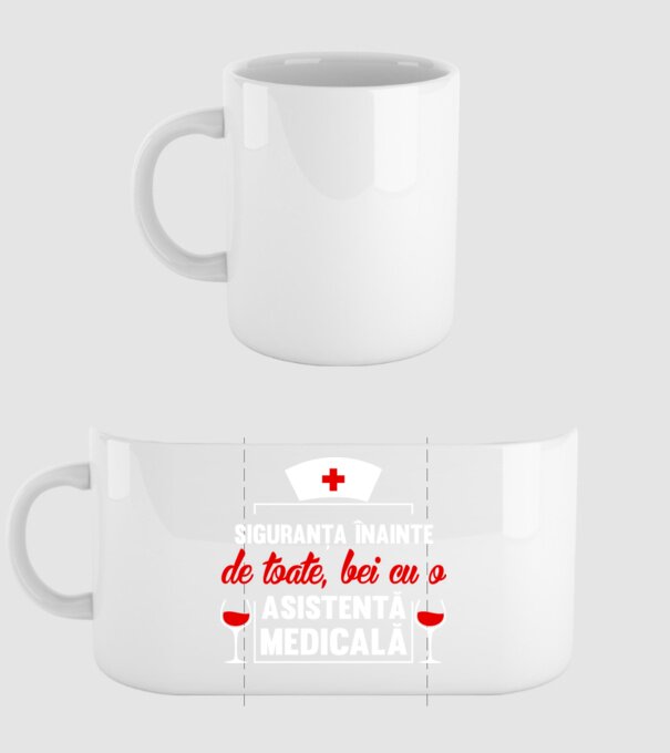 Siguranța înainte de toate, bei cu o asistentă medicală model alb pe tricou