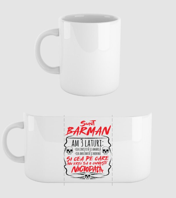 sunt barman am 3 laturi model alb pe tricou