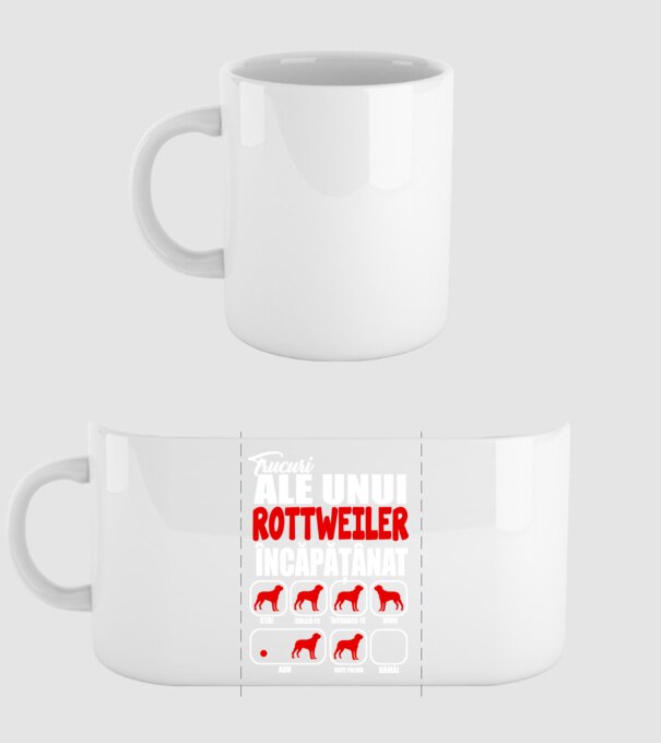 Trucuri ale unui rottweiler încăpățânat stai, culcă-te, întoarce-te, vino, adu, bate palma, rămâi model alb pe tricou
