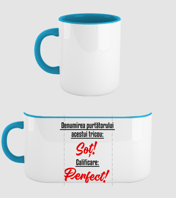 Denumirea purtătorului acestui tricou: Soț! Calificare: Perfect! model albastru deschis pe tricou