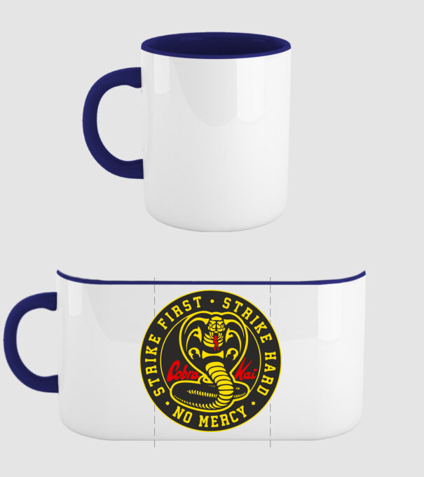 Strike first strike hard cobra kai model albastru închis pe tricou