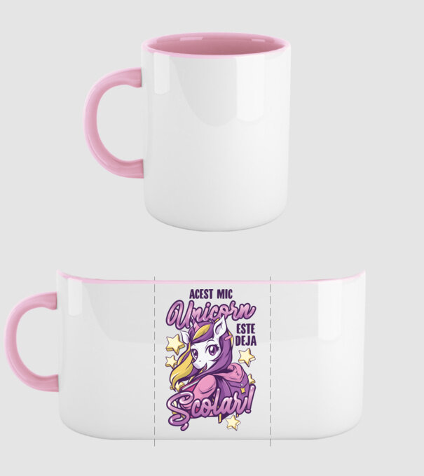 Acest mic unicorn este deja școlar model roz deschis pe tricou