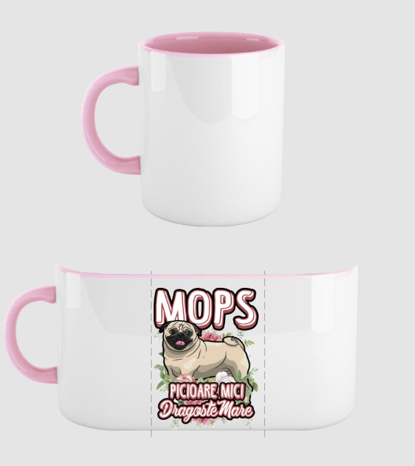 mops : picioare mici dragoste mare model roz deschis pe tricou