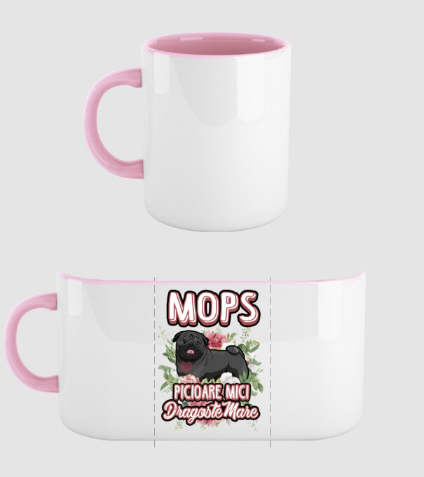 Mops negru picioare mici dragoste mare model roz deschis pe tricou