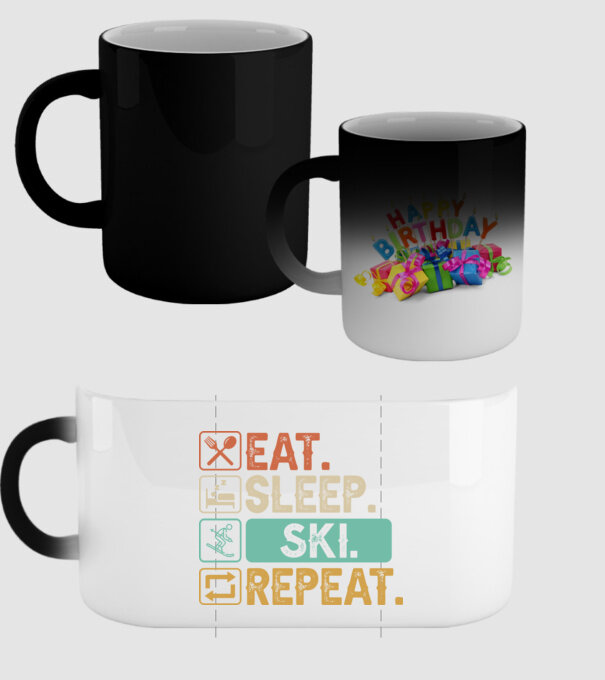 Eat Sleep SKI Repeat model negru pe tricou