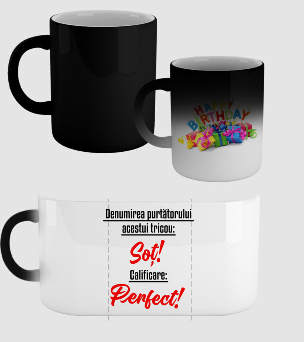 Denumirea purtătorului acestui tricou: Soț! Calificare: Perfect! model negru pe tricou