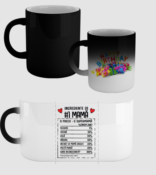 Ingrediente de Mamă - o porție : o supermamă - %consum zilnic* relaxare, cofeină, grijă, răbdare, instinct de mamă-ursuleț, mult model negru pe tricou