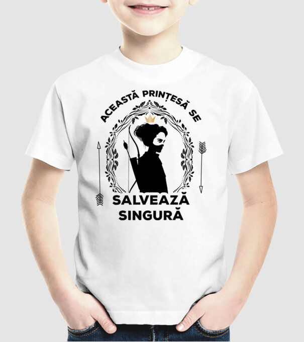 Această prințesă se salvează singură model alb pe tricou