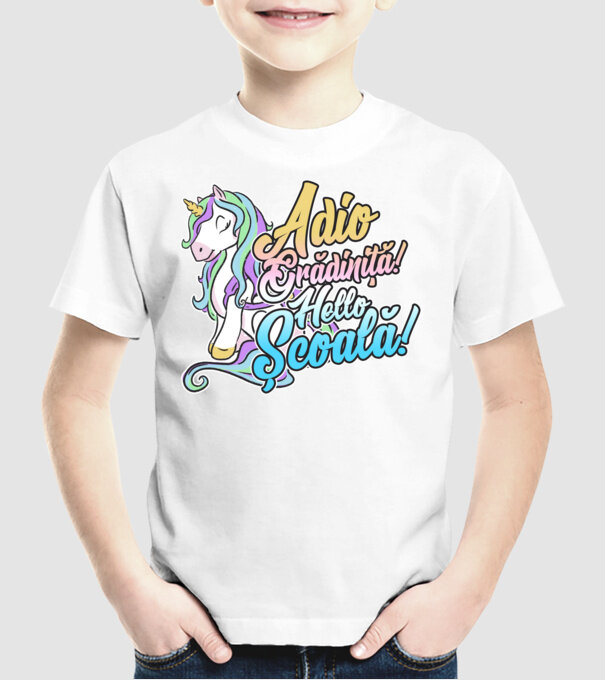 Adio grădiniță! Hello școală! model alb pe tricou