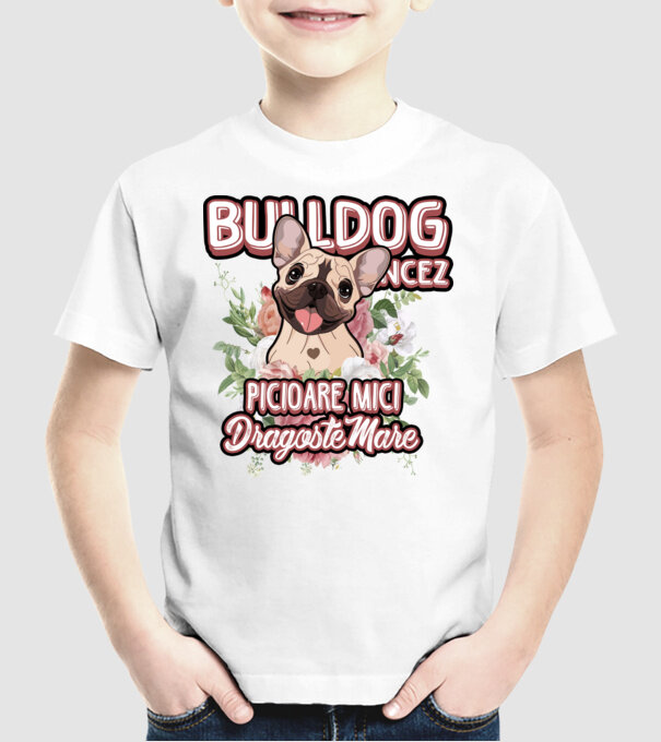 Bulldog francez picioare mici dragoste mare model alb pe tricou