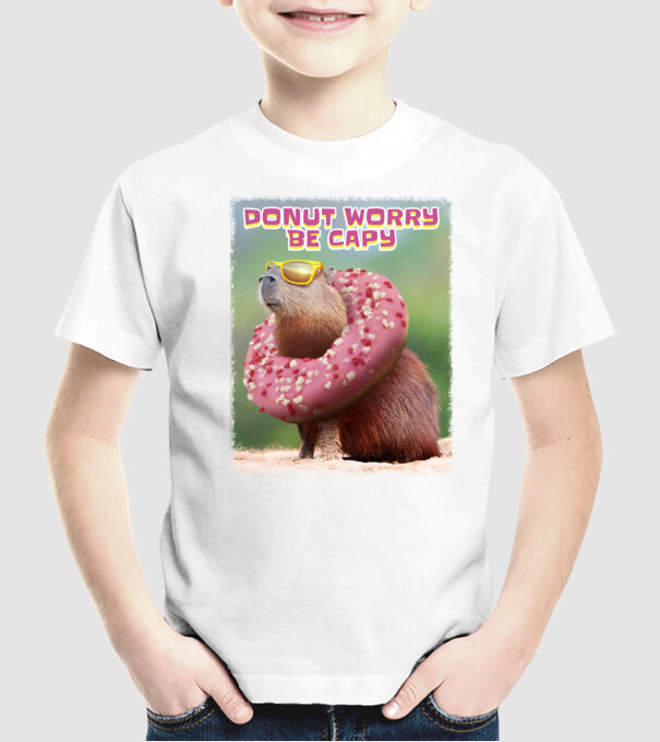 Capybara Donut worry be capy model alb pe tricou