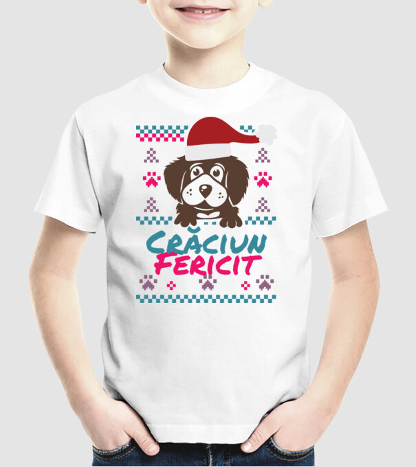 Crăciun Fericit câine model alb pe tricou