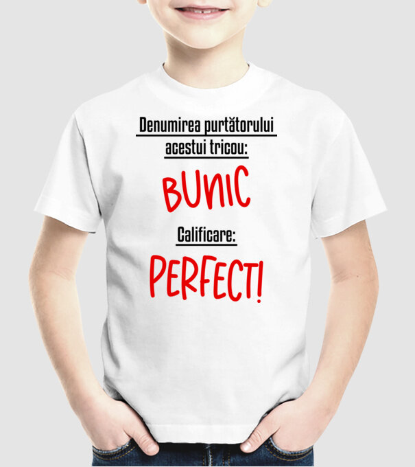 Denumirea purtătorului acestui tricou: bunic! Calificare: Perfect! model alb pe tricou