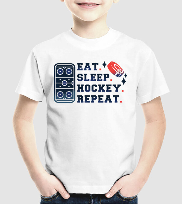Eat Sleep Hockey Repeat model alb pe tricou
