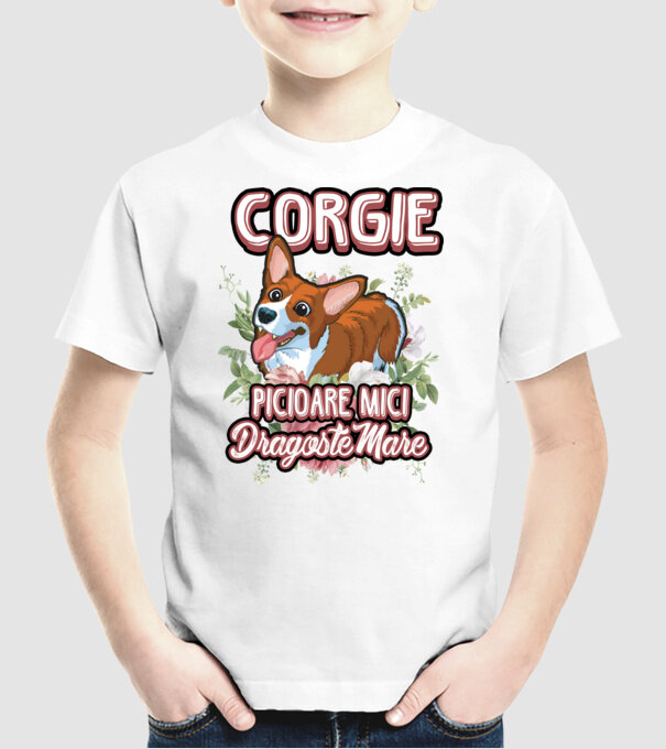 corgie : picioare mici dragoste mare model alb pe tricou