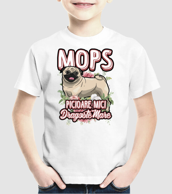 mops : picioare mici dragoste mare model alb pe tricou