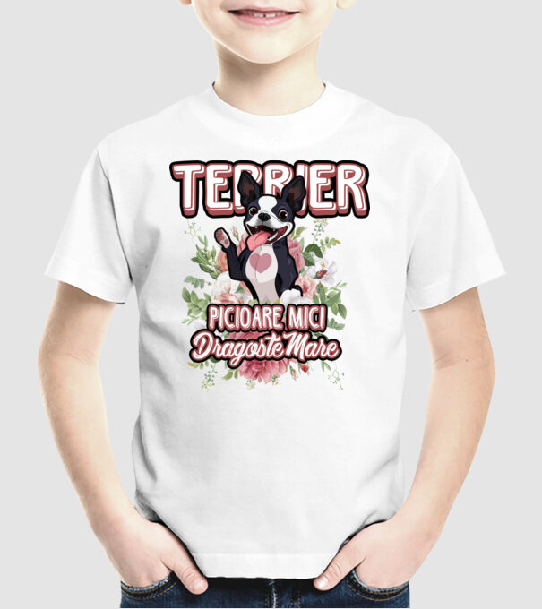 terrier : picioare mici dragoste mare model alb pe tricou