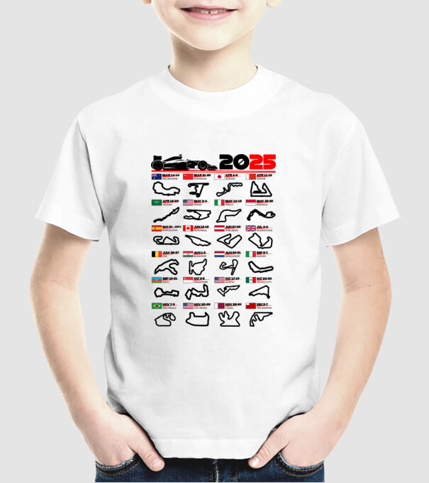 F1 calendar 2025 model alb pe tricou