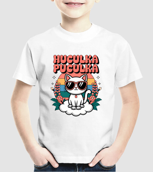 Huculka Puculka pisică 1 model alb pe tricou