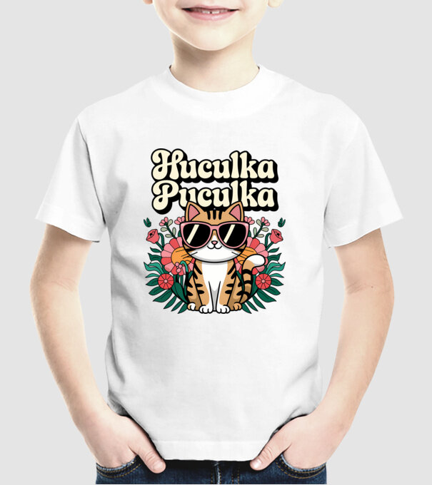 Huculka Puculka pisică 3 model alb pe tricou