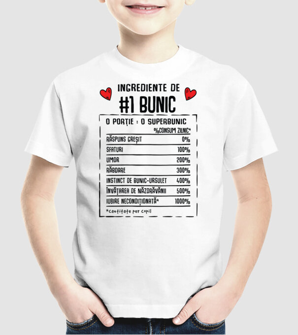Ingrediente Bunic - o porție : un superbunic - %consum zilnic* răspuns greșit, sfaturi, umor, răbdare, instinct de bunic-ursuleț model alb pe tricou