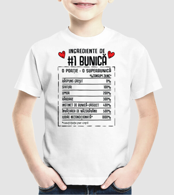 Ingrediente Bunică - o porție : o superbunică - %consum zilnic* răspuns greșit, sfaturi, umor, răbdare, instinct de bunică-ursul model alb pe tricou