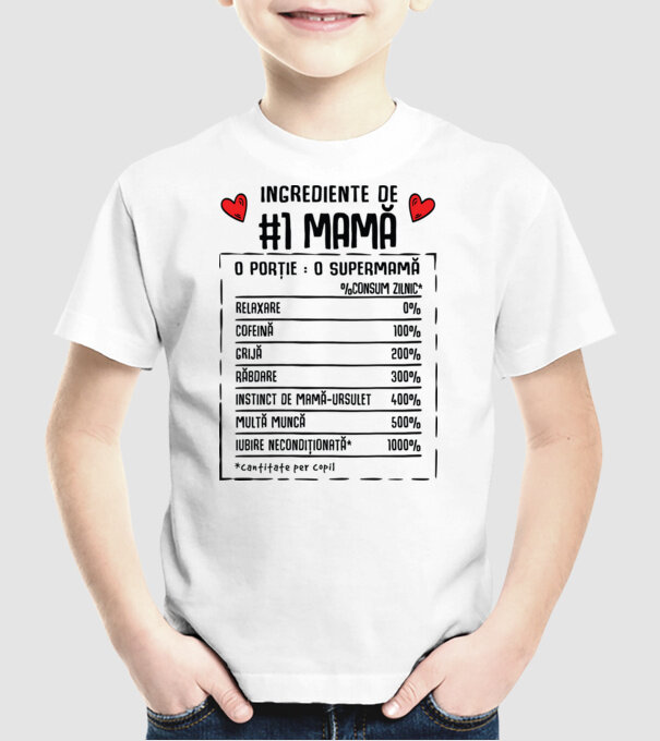 Ingrediente de Mamă - o porție : o supermamă - %consum zilnic* relaxare, cofeină, grijă, răbdare, instinct de mamă-ursuleț, mult model alb pe tricou