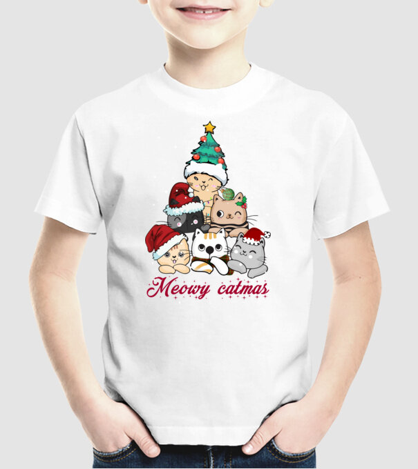 Meowy catmas model alb pe tricou