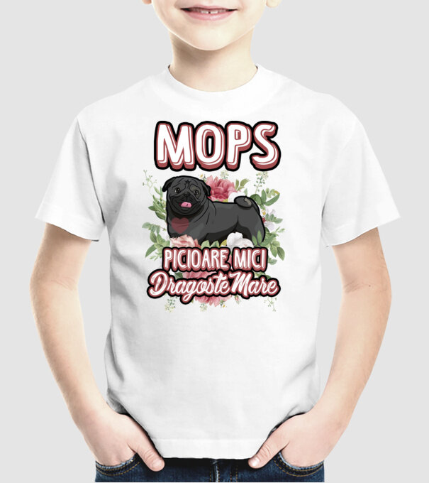 Mops negru picioare mici dragoste mare model alb pe tricou