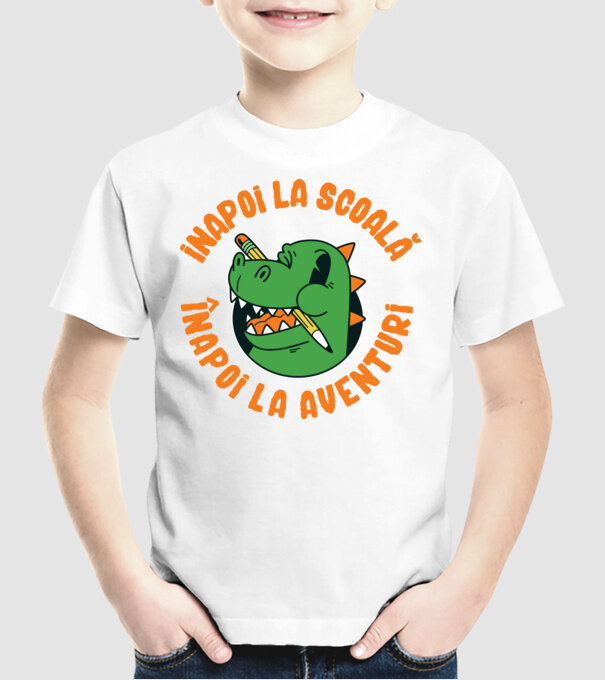 Înapoi la școală, înapoi la aventuri model alb pe tricou