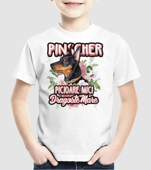 Pinscher picioare mici dragoste mare model alb pe tricou