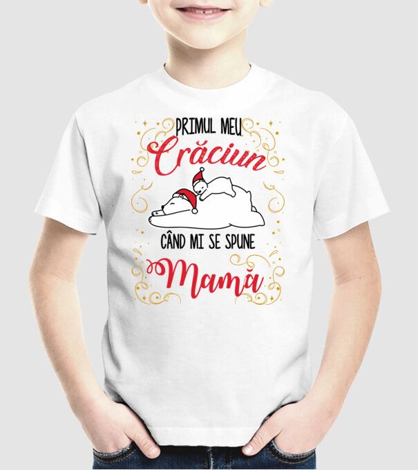 Primul meu Crăciun când mi se spune mamă! model alb pe tricou