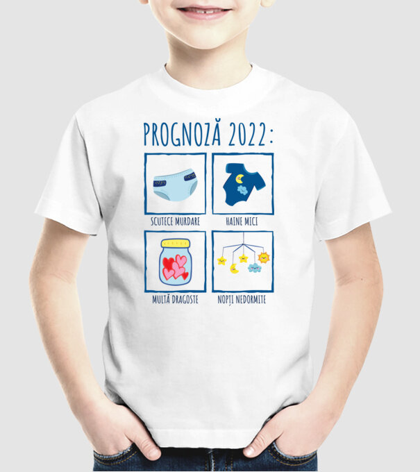Prognoză 2022: scutece murdare, haine mici, multă dragoste, nopți nedormite model alb pe tricou
