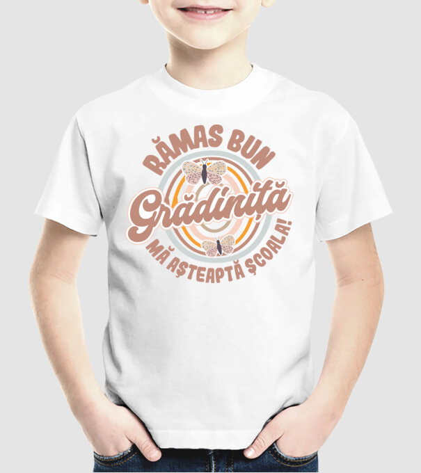 Rămas bun grădiniță, mă așteaptă școala! model alb pe tricou