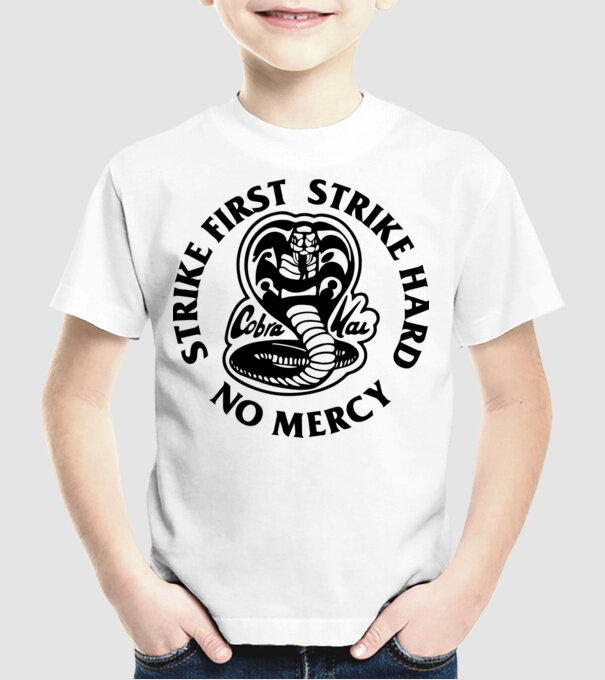 Strike first strike hard no mercy model alb pe tricou