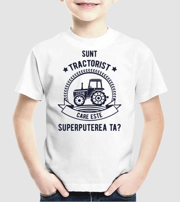 Sunt tractorist, care este superputerea ta? model alb pe tricou
