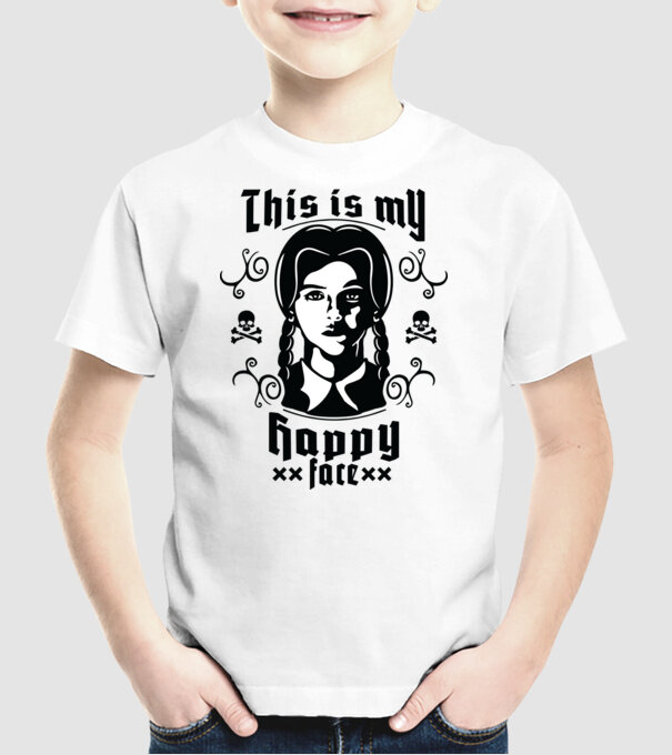 WEDNESDAY This is my happy face model alb pe tricou