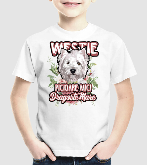 Westie picioare mici dragoste mare model alb pe tricou