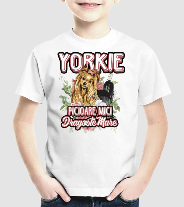 Yorkie - picioare mici dragoste mare model alb pe tricou