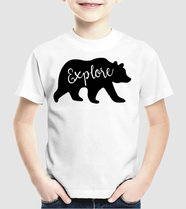 Bear explore model alb pe tricou