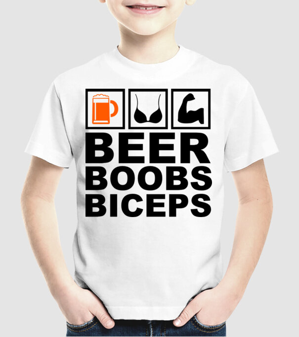 Beer Boobs Biceps model alb pe tricou